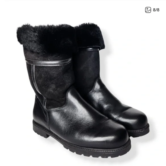 La Canadienne Kosmo Black Leather Suede Fur Shearling Foldover Boots Size 9 - Picture 4 of 5
